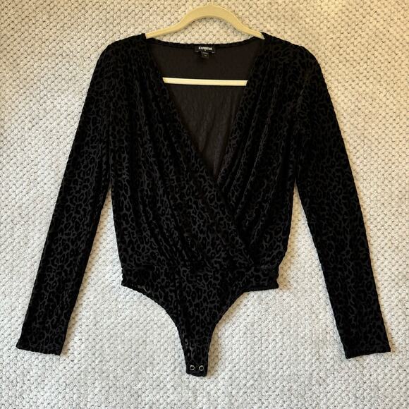Express Top XS Black Leopard Burn Out Velvet Bodysuit Plunge V-Neck Bodysuit - Picture 1 of 11